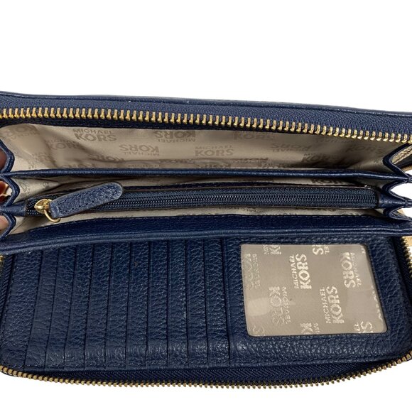 MICHAEL KORS Jet Set Zip Continental Leather Full Wallet Wristlet, Blue/Gold - Picture 6 of 12